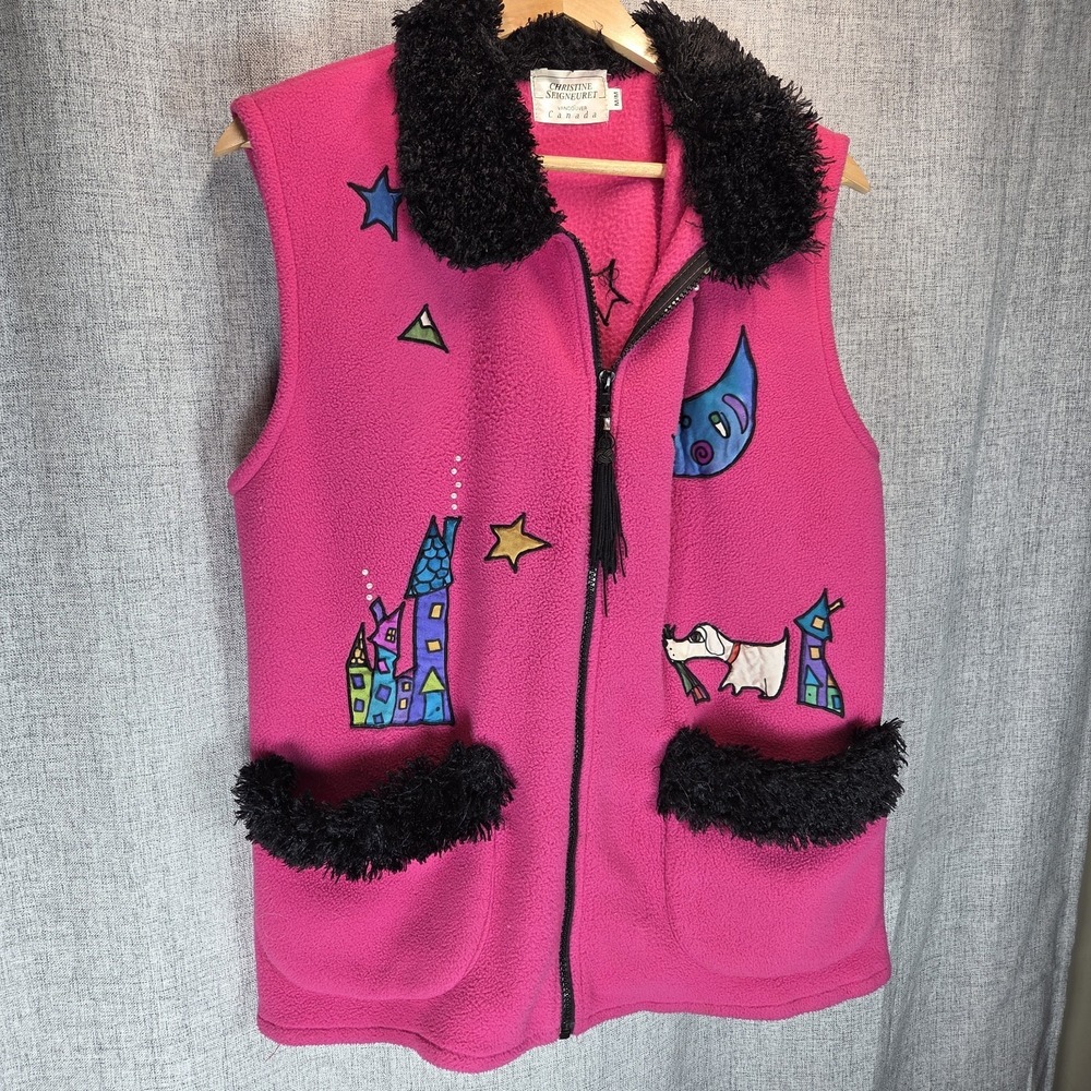 Vintage Christine Seigneuret Fleece Vest Womens M Pink Fleece Artsy Zip 90s - Picture 2 of 8